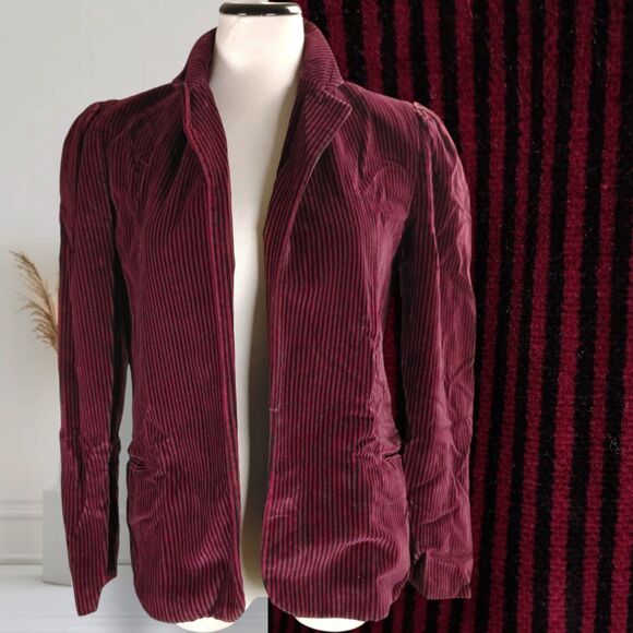Vintage Perry Ellis Whimsigoth Striped Blazer Size 6 Puff Sleeve Maroon Velour - Picture 1 of 16